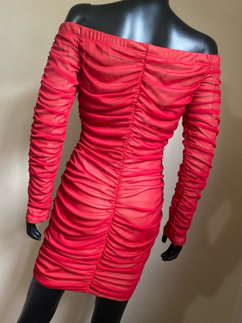 Va Va Voom Red Ruched Mesh Midi Dress - Picture 8 of 13